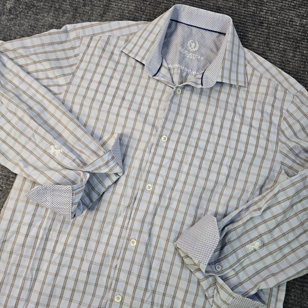 Bugatchi Shirt Mens Medium 15.5 34/35 Light Blue Shaped Fit Flip Cuff Check